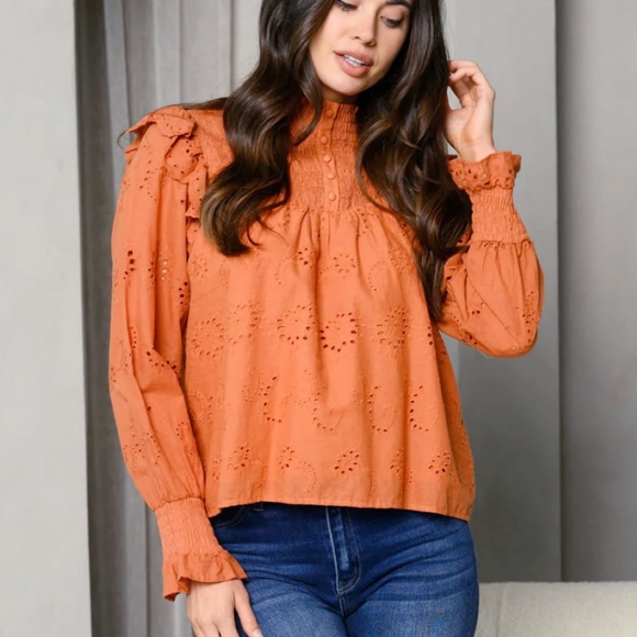 FEW LEFT❗️On Twelfth Boho Chic Spicy Rust Eyelet Embroidery Long Sleeves Top - Picture 2 of 6